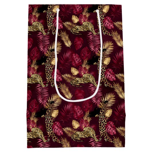 ブルゴーニュと金ゴールドレオパードデザイン12 ミディアムペーパーバッグ (裏面)