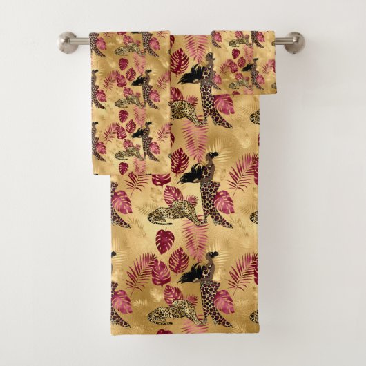 ブルゴーニュと金ゴールドレオパードデザイン4 バスタオルセット (インサイチュ)