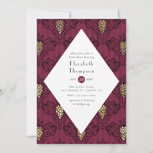 ブルゴーニュと金ゴールドワインテイスティングブライダルシャワー 招待状 (正面)