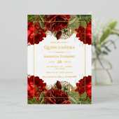 ブルゴーニュと金ゴールドヴィンテージバラキンセニェラ写真 箔招待状 (立ち正面)