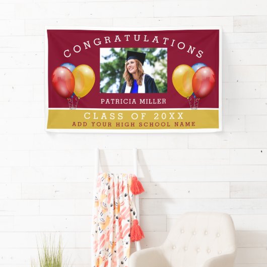 ブルゴーニュと金ゴールド写真卒業おめでとう 横断幕 (インサイチュ)