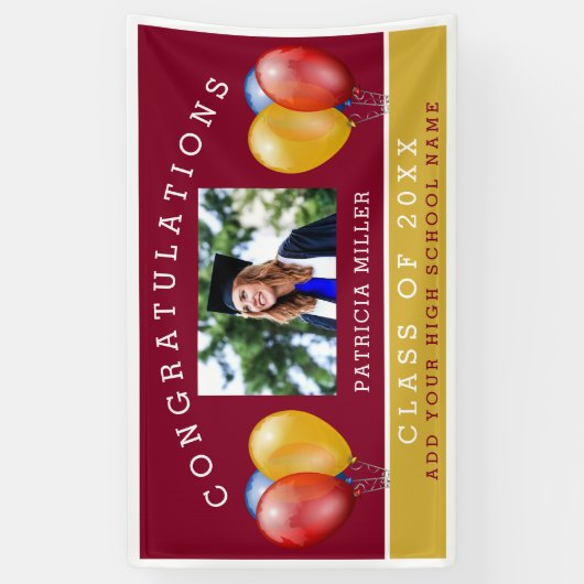 ブルゴーニュと金ゴールド写真卒業おめでとう 横断幕 (縦)