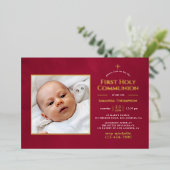 ブルゴーニュと金ゴールド幾何学フローラ聖餐式 箔招待状 (立ち正面)