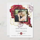 ブルゴーニュと金ゴールド抽象芸術結婚フローラの写真 セーブザデート (正面)