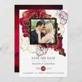 ブルゴーニュと金ゴールド抽象芸術結婚フローラの写真 セーブザデート (正面/裏面)