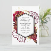 ブルゴーニュと金ゴールド抽象芸術結婚フローラの写真 招待状 (スタンド正面)