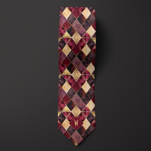 ブルゴーニュと金ゴールド水彩ダイヤモンドモノグラム ネクタイ