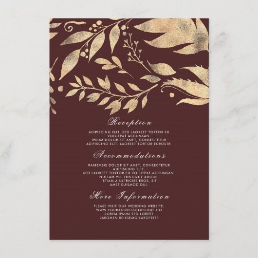 ブルゴーニュと金ゴールド秋の結婚式インフォメーションゲスト エンクロージャーカード (正面)