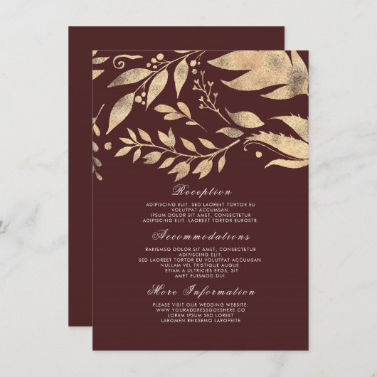 ブルゴーニュと金ゴールド秋の結婚式インフォメーションゲスト エンクロージャーカード (正面/裏面)