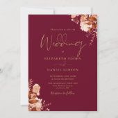 ブルゴーニュと金ゴールド素朴フローラ結婚ズ 招待状 (正面)