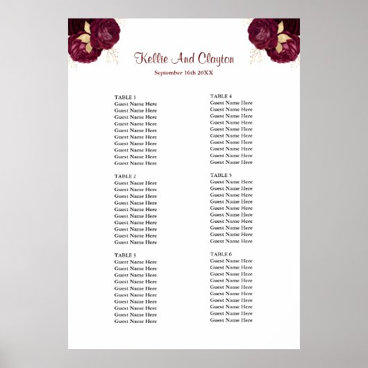 ブルゴーニュと金ゴールド結婚フローラの座席表 ポスター (正面)