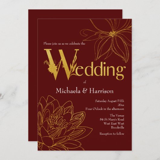 ブルゴーニュと金ゴールド結婚フローラタイポグラフィ 招待状 (正面/裏面)