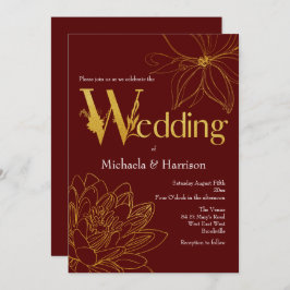 ブルゴーニュと金ゴールド結婚フローラタイポグラフィ 招待状