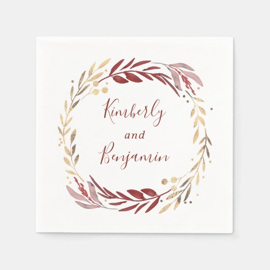 ブルゴーニュと金ゴールド結婚リース スタンダードカクテルナプキン (正面)