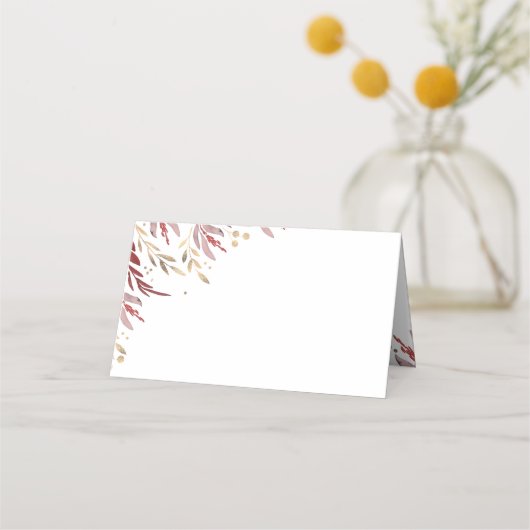 ブルゴーニュと金ゴールド葉エレガントウェディング プレイスカード (正面)