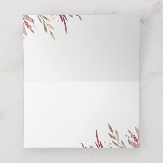 ブルゴーニュと金ゴールド葉エレガントウェディング プレイスカード (内部開封)