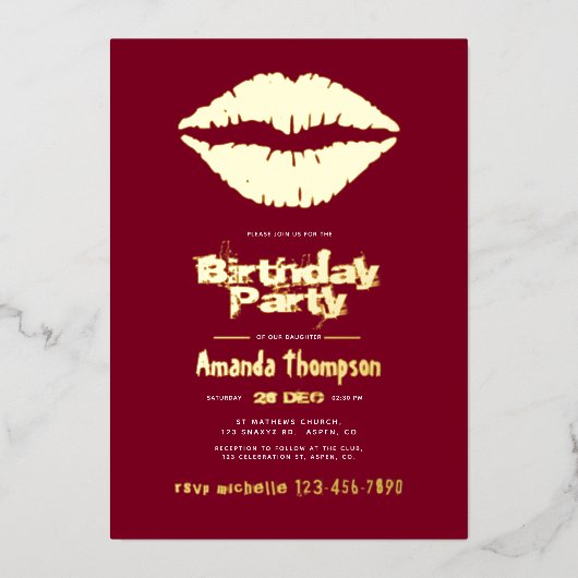 ブルゴーニュと金ゴールド誕生日キスリップ 箔招待状 (正面)