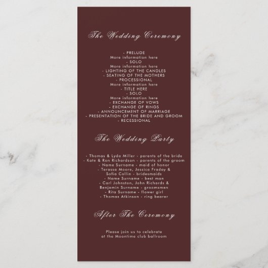 ブルゴーニュと金ゴールド離れの秋の結婚式プログラム プログラム (裏面)