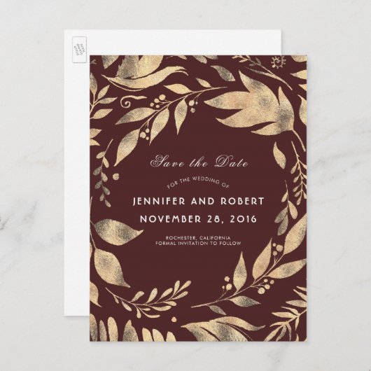 ブルゴーニュと金ゴールド離れの秋日付を保存 案内ポストカード (正面/裏面)