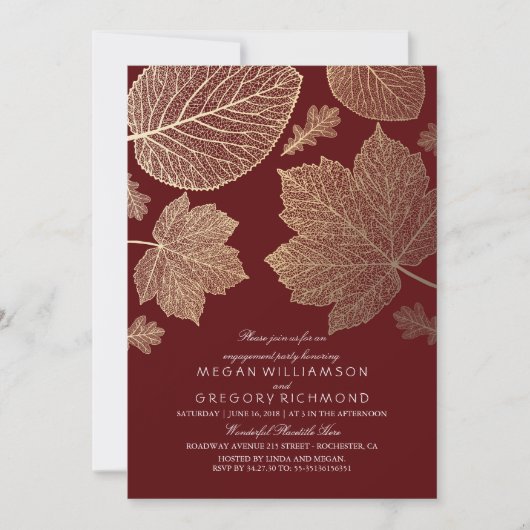 ブルゴーニュと金ゴールド離れ秋婚約パーティ 招待状 (正面)