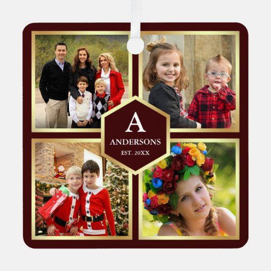 ブルゴーニュと金ゴールド4写真家族写真コラージュ メタルオーナメント (正面)