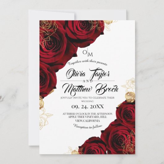 ブルゴーニュと金ゴールド⎮レッドローズのフローラ結婚ズ 招待状 (正面)