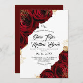 ブルゴーニュと金ゴールド⎮レッドローズのフローラ結婚ズ 招待状 (正面/裏面)