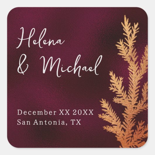 ブルゴーニュと銅の冬のウェディングパインブランチ スクエアシール (正面)
