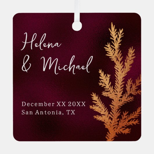 ブルゴーニュと銅の冬のウェディングパインブランチ メタルオーナメント (正面)