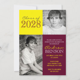 ブルゴーニュと黄クラシック色の2写真卒業 招待状
