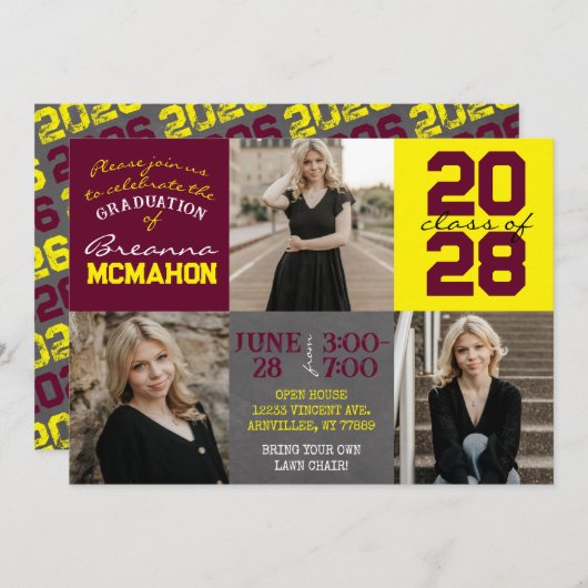 ブルゴーニュと黄色の黒板3写真卒業 招待状 (正面/裏面)