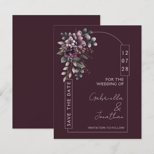 ブルゴーニュとsageのフレーム付きSave the Date（結婚式の招待状） 招待状 (正面/裏面)