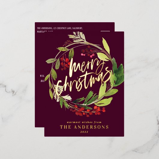 ブルゴーニュのエレガント葉の非写真クリスマス 箔シーズンポストカード (正面/裏面)