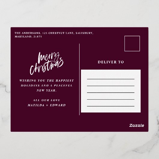 ブルゴーニュのエレガント葉の非写真クリスマス 箔シーズンポストカード (裏面)