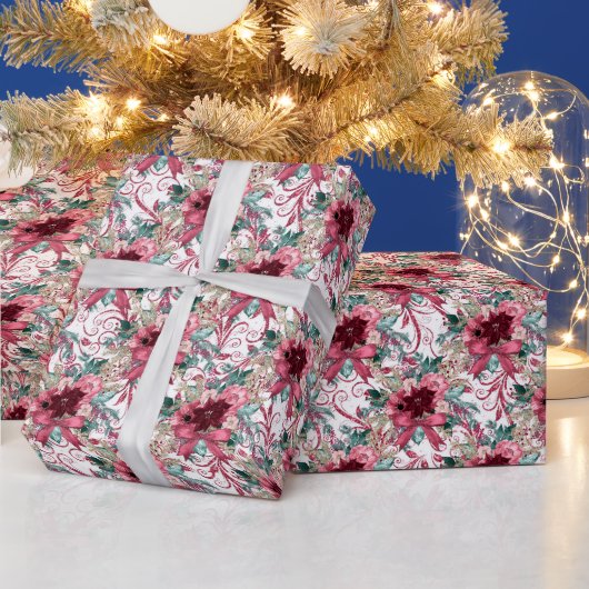 ブルゴーニュのクリスマスポインセチア水彩ラッピング ラッピングペーパー (クリスマス)