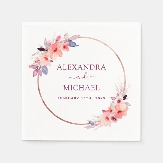 ブルゴーニュのジオメトリックウォーターの色のフローラ結婚ズ スタンダードカクテルナプキン (正面)