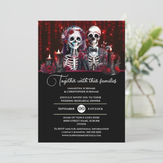 ブルゴーニュのスケルトン新郎新婦の結婚式の日ゴシック 招待状 (スタンド正面)