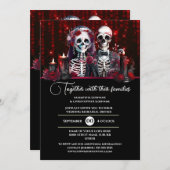 ブルゴーニュのスケルトン新郎新婦の結婚式の日ゴシック 招待状 (正面/裏面)