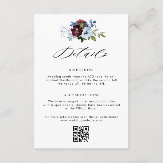 ブルゴーニュのダスティブルーフローラ結婚詳細カード エンクロージャーカード (正面)