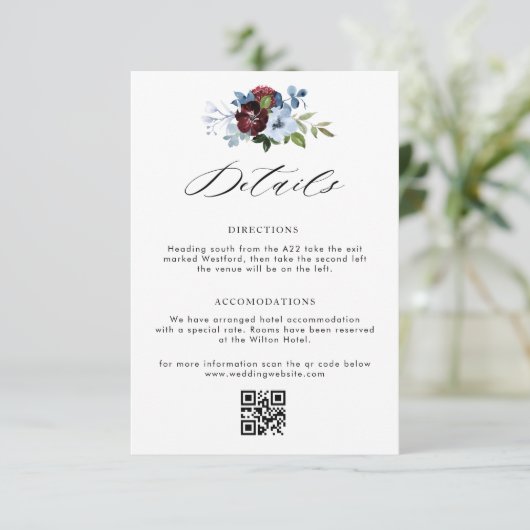 ブルゴーニュのダスティブルーフローラ結婚詳細カード エンクロージャーカード (スタンド正面)