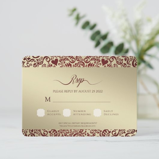 ブルゴーニュのダマスク結婚式ありがとうフォトカード 出欠カード (スタンド正面)