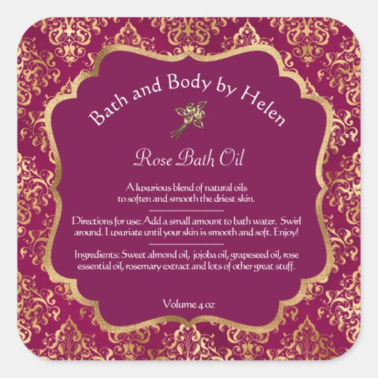 ブルゴーニュのダマスク&金ゴールドフォイル石鹸&化粧品ラベル スクエアシール (正面)