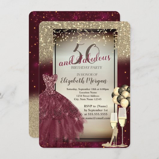 ブルゴーニュのドレス、バルーン、金ゴールド50誕生日 招待状 (正面/裏面)