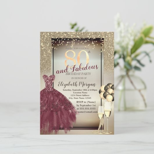 ブルゴーニュのドレス、風船、グリッター80誕生日 招待状 (スタンド正面)
