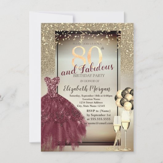 ブルゴーニュのドレス、風船、グリッター80誕生日 招待状 (正面)