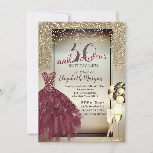 ブルゴーニュのドレス、風船、50歳の誕生日パーティー 招待状 (正面)