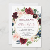 ブルゴーニュのネイビーブルーフローラリースブライダルシャワー 招待状 (正面)