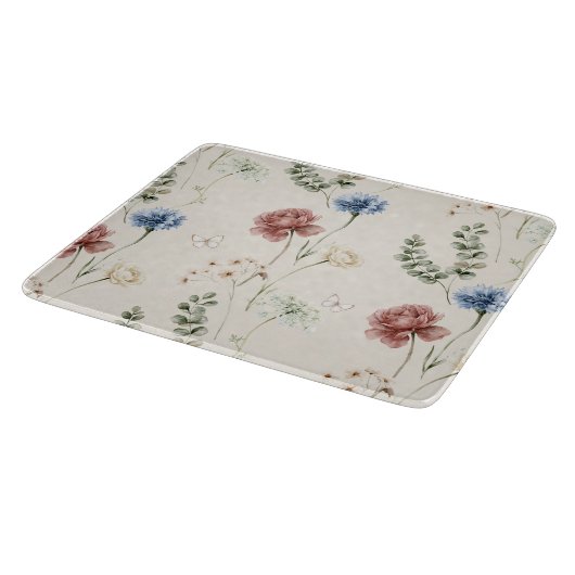 ブルゴーニュのバラ 青白の花 蝶 カッティングボード (角)