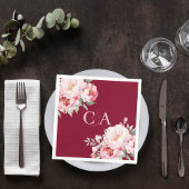 ブルゴーニュのピンクのバラ花模様モノグラム結婚ズ スタンダードカクテルナプキン