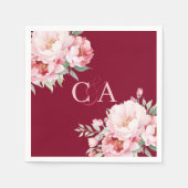 ブルゴーニュのピンクのバラ花模様モノグラム結婚ズ スタンダードカクテルナプキン (正面)